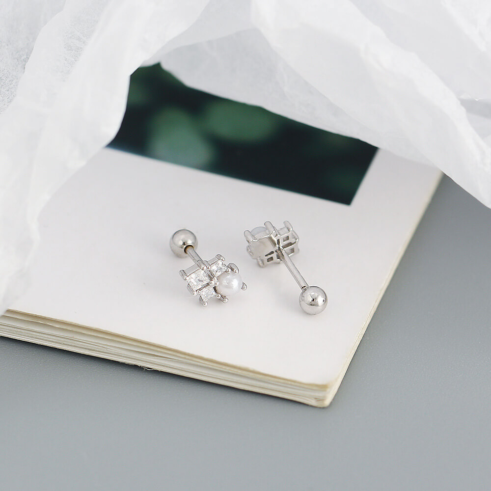 Korean Style S925 Silver INS Imitation Pearl Earrings Square Zircon Screw Ear Cuffs Ear Bone Earrings for Women - Image 6