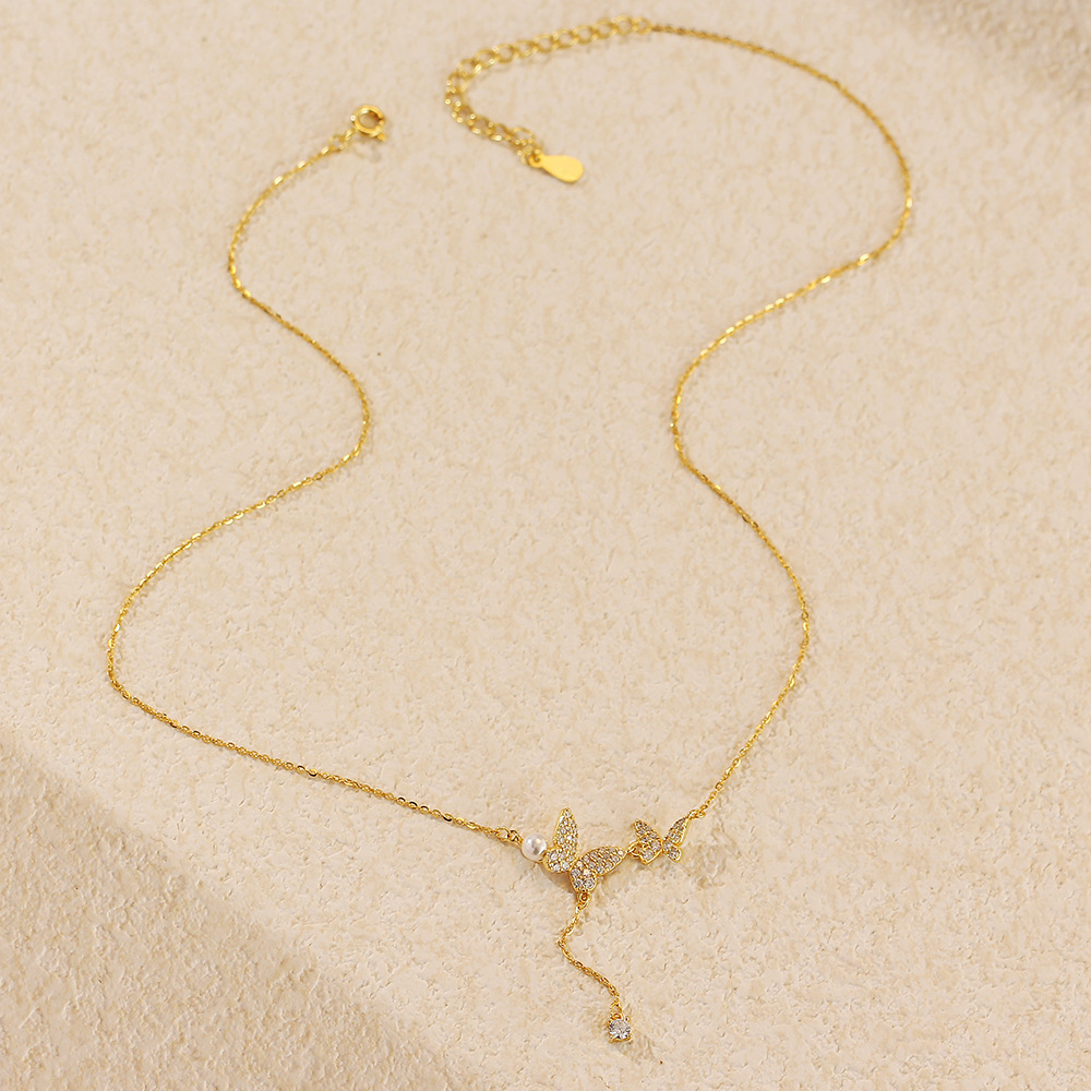 French Butterfly Necklace S925 Silver Tassel Pearl Full Diamond Butterfly Collarbone Chain Niche Jewelry - Image 5