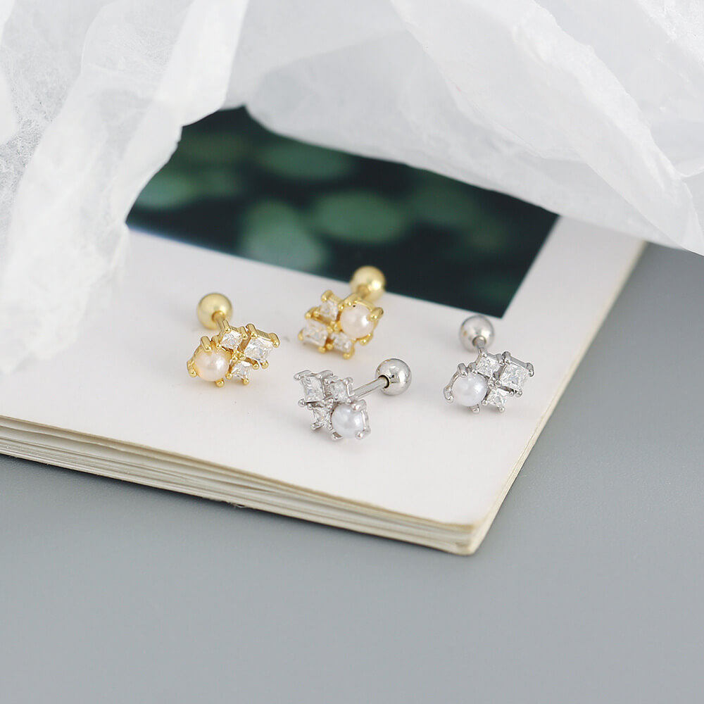 Korean Style S925 Silver INS Imitation Pearl Earrings Square Zircon Screw Ear Cuffs Ear Bone Earrings for Women - Image 7