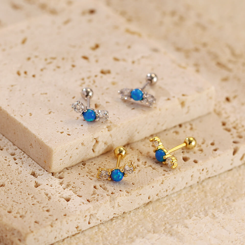 Elegant Opal Ear Studs S925 Silver Diamond Opal Ear Bone Cuffs Unique Threaded Earrings - Image 6