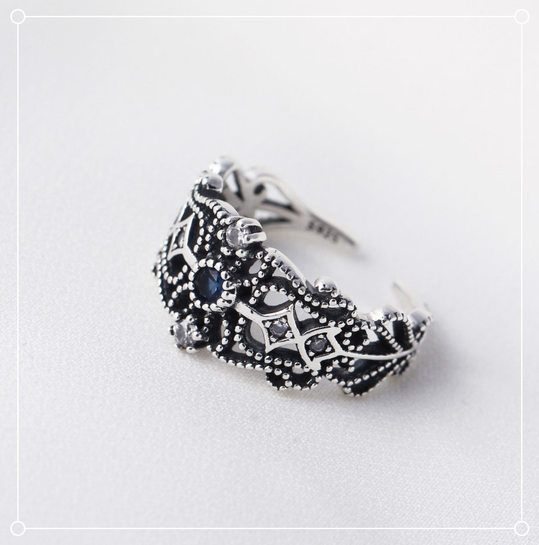 Vintage Hollow Blue Diamond Ring S925 Sterling Silver Diamond Inlaid Open Ring Fashion Jewelry for Women - Image 2