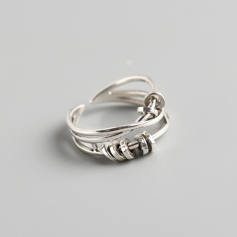 Korean Style S925 Sterling Silver Multi-layer Cross Ring Vintage Adjustable Spinning Circle Index Finger Ring - Image 2