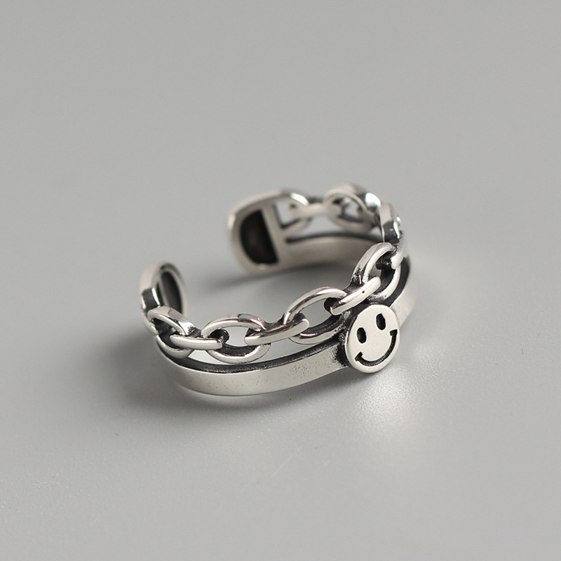 Korean Dongdaemun Vintage Smiley Face Double-layer Ring S925 Sterling Silver Personality Index Finger Ring - Image 2