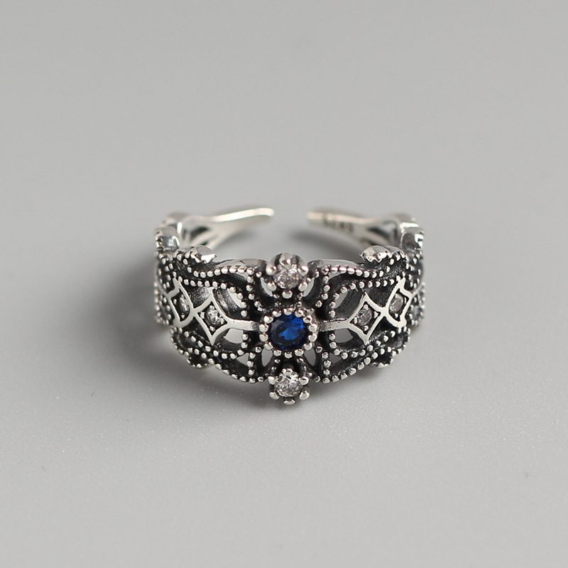 Vintage Hollow Blue Diamond Ring S925 Sterling Silver Diamond Inlaid Open Ring Fashion Jewelry for Women - Image 3