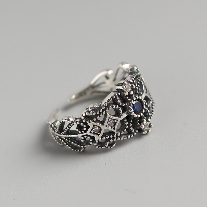 Vintage Hollow Blue Diamond Ring S925 Sterling Silver Diamond Inlaid Open Ring Fashion Jewelry for Women - Image 4