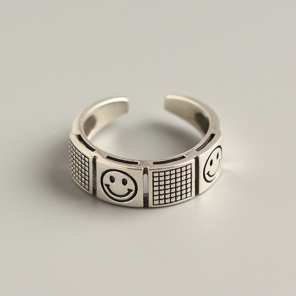 Korean Dongdaemun S925 Sterling Silver Smiley Face Ring Double-layer Trendy Smiley Face Ring for Women - Image 3