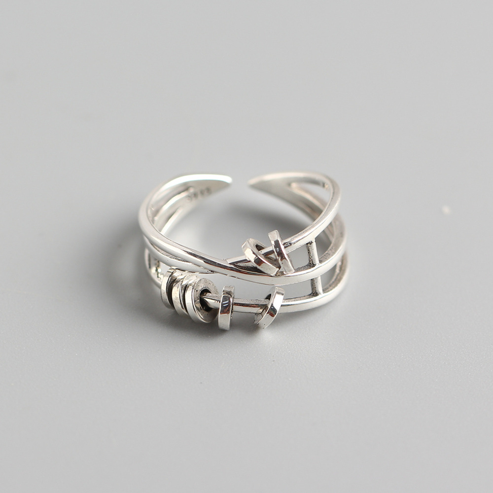 Korean Style S925 Sterling Silver Multi-layer Cross Ring Vintage Adjustable Spinning Circle Index Finger Ring - Image 3
