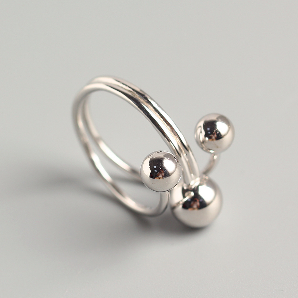 Korean Dongdaemun Trendy Round Bead Cross Ring Minimalist Plain Bead Line S925 Silver Ring - Image 3