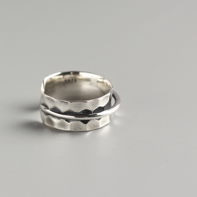 Korean Style Irregular Silver Ring Baroque Hammered Surface Satellite S925 Sterling Silver Ring - Image 3
