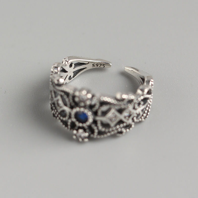 Vintage Hollow Blue Diamond Ring S925 Sterling Silver Diamond Inlaid Open Ring Fashion Jewelry for Women - Image 5