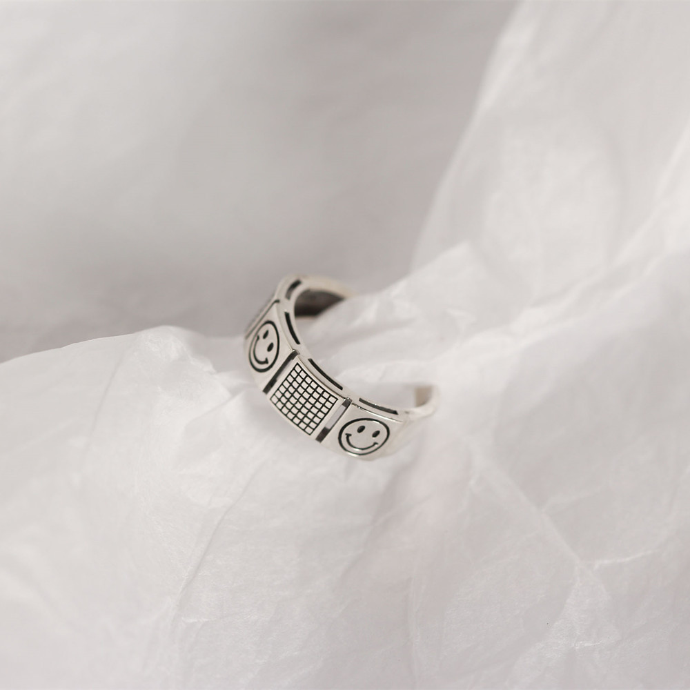 Korean Dongdaemun S925 Sterling Silver Smiley Face Ring Double-layer Trendy Smiley Face Ring for Women - Image 6