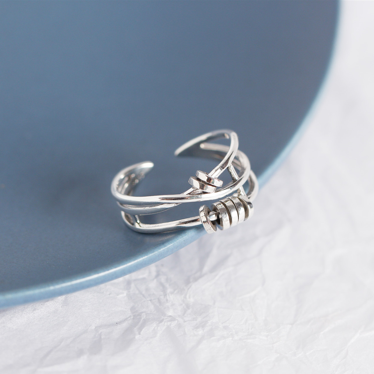 Korean Style S925 Sterling Silver Multi-layer Cross Ring Vintage Adjustable Spinning Circle Index Finger Ring - Image 6