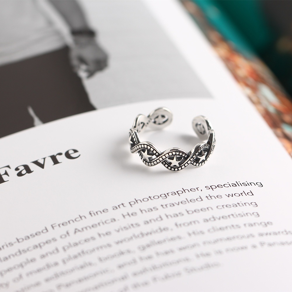 Korean Style S925 Sterling Silver Star Vintage Ring Trendy Fashionable Open Index Finger Ring for Women - Image 6