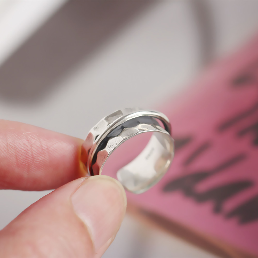 Korean Style Irregular Silver Ring Baroque Hammered Surface Satellite S925 Sterling Silver Ring - Image 6