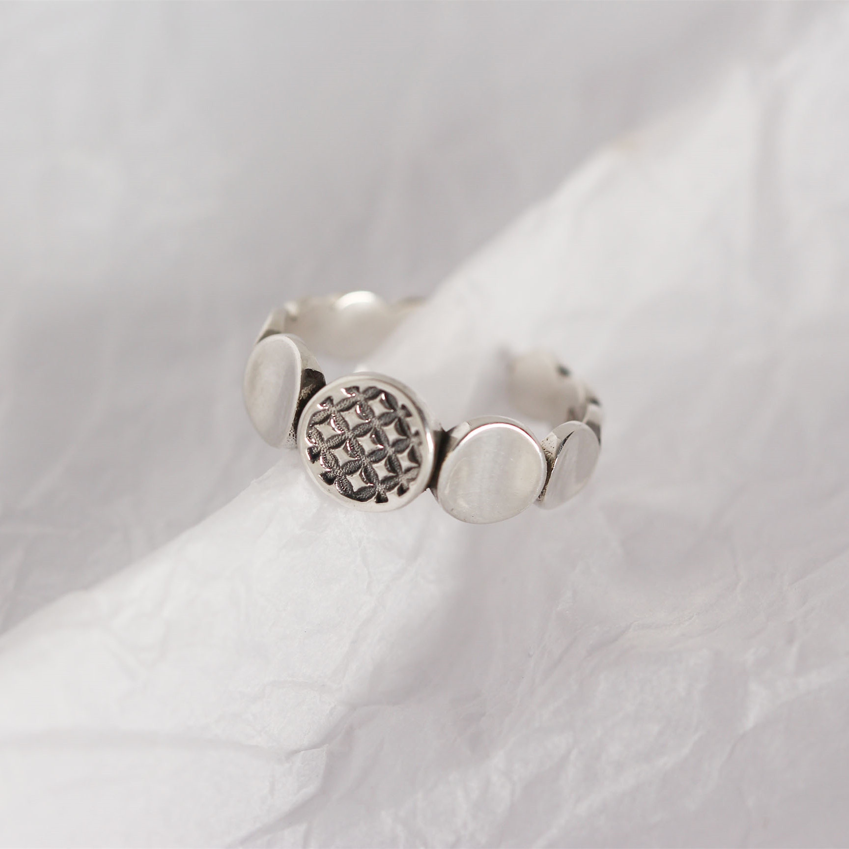 Korean and Japanese Style S925 Sterling Silver Round Plate Ring Vintage Block Patchwork Trendy Open Ring - Image 6