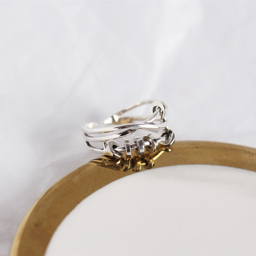 Korean Style S925 Sterling Silver Multi-layer Cross Ring Vintage Adjustable Spinning Circle Index Finger Ring - Image 7