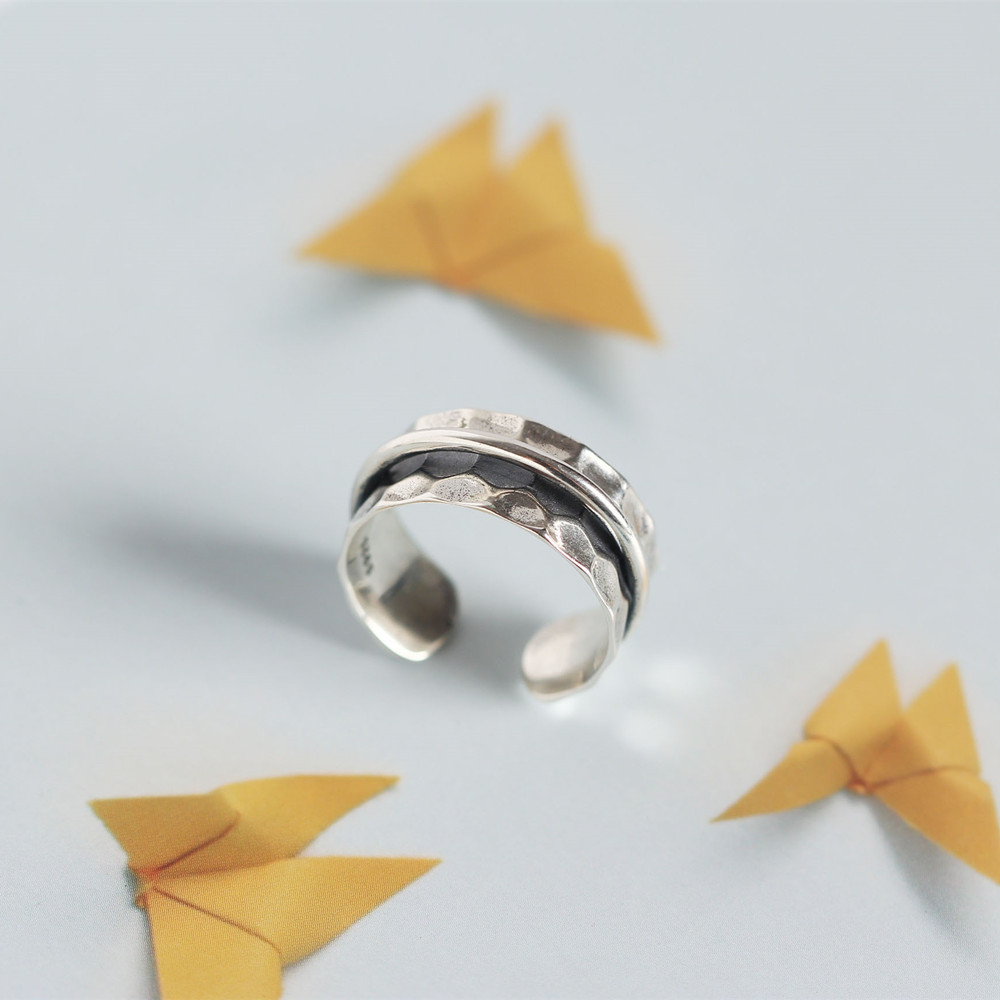 Korean Style Irregular Silver Ring Baroque Hammered Surface Satellite S925 Sterling Silver Ring - Image 7