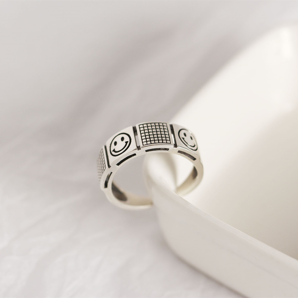 Korean Dongdaemun S925 Sterling Silver Smiley Face Ring Double-layer Trendy Smiley Face Ring for Women - Image 8