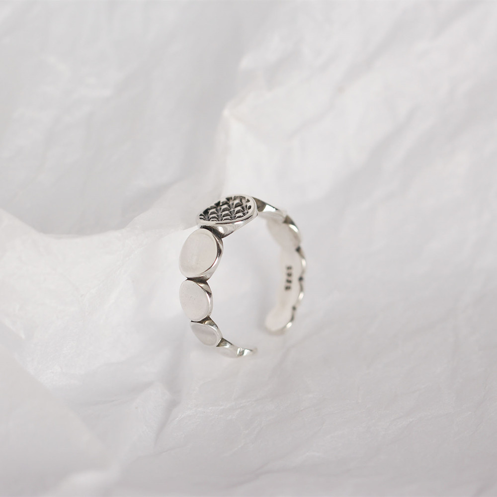 Korean and Japanese Style S925 Sterling Silver Round Plate Ring Vintage Block Patchwork Trendy Open Ring - Image 7