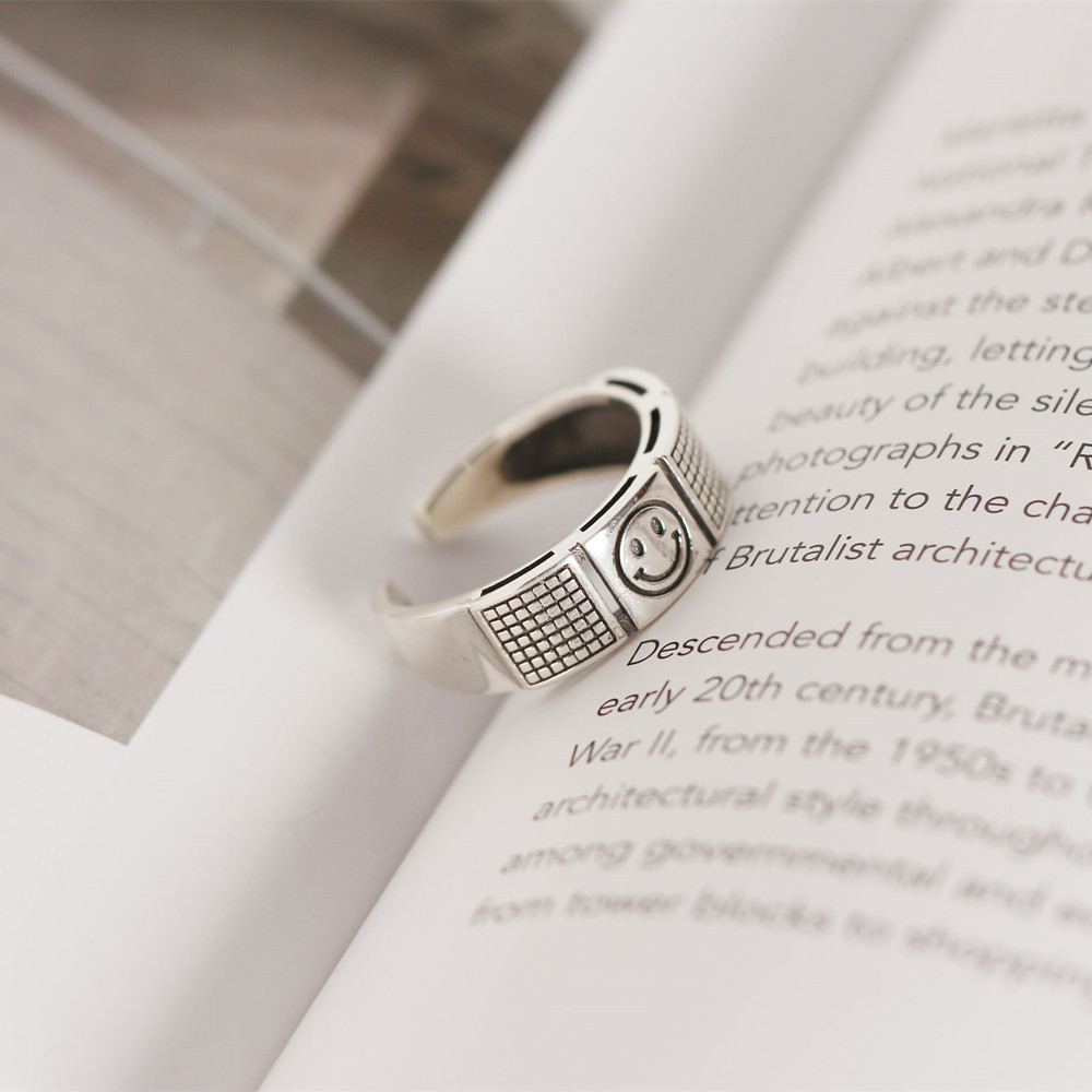 Korean Dongdaemun S925 Sterling Silver Smiley Face Ring Double-layer Trendy Smiley Face Ring for Women - Image 9