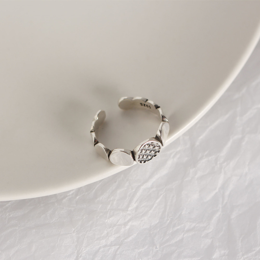 Korean and Japanese Style S925 Sterling Silver Round Plate Ring Vintage Block Patchwork Trendy Open Ring - Image 8