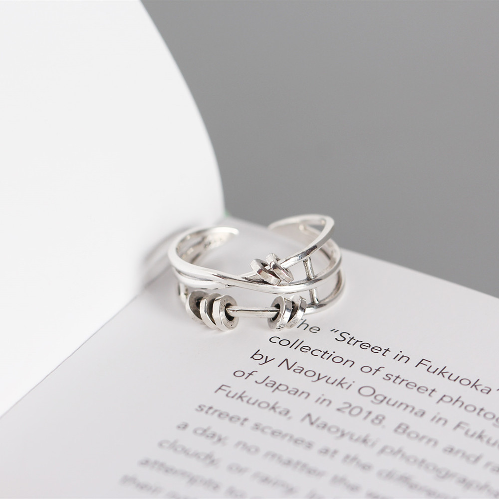 Korean Style S925 Sterling Silver Multi-layer Cross Ring Vintage Adjustable Spinning Circle Index Finger Ring - Image 10