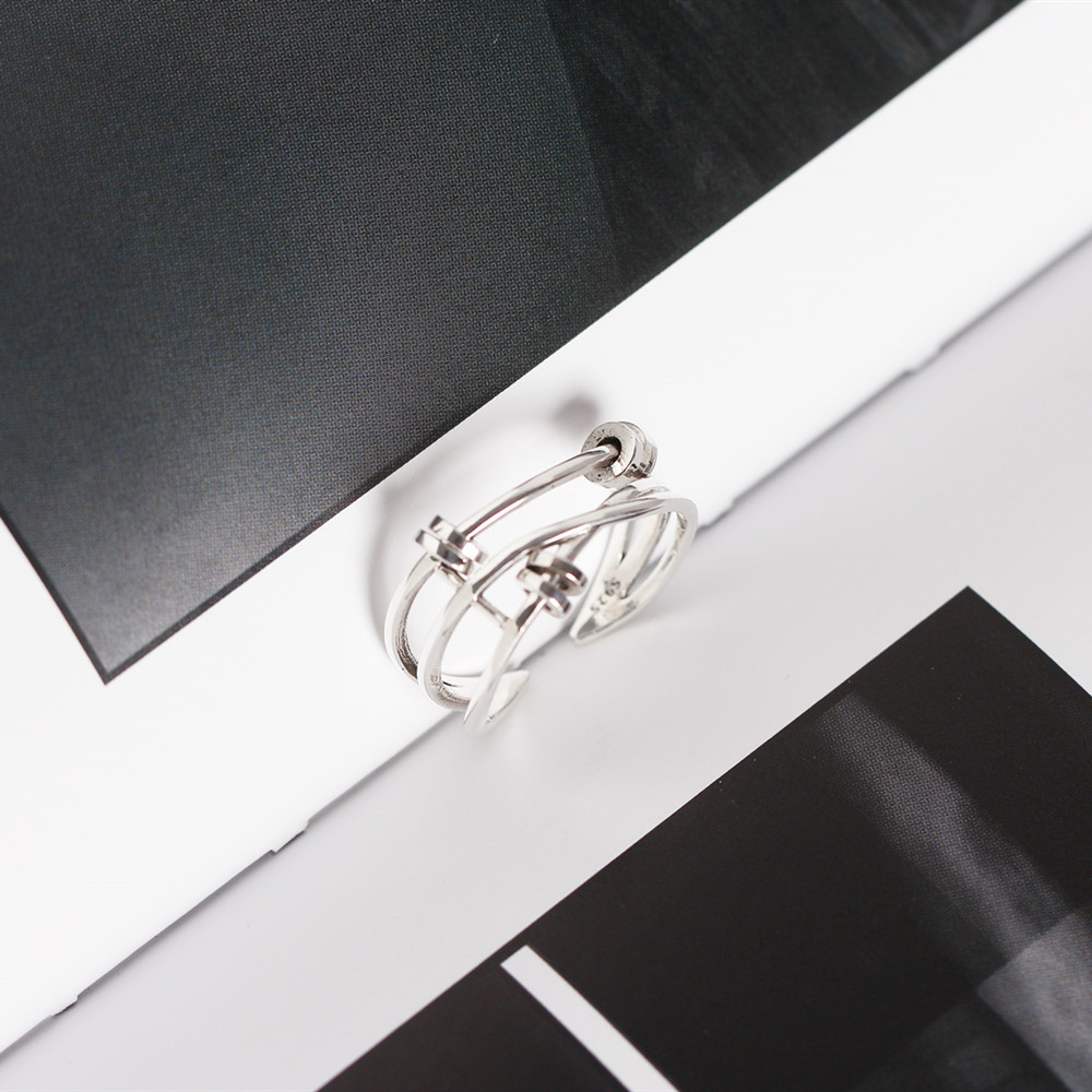 Korean Style S925 Sterling Silver Multi-layer Cross Ring Vintage Adjustable Spinning Circle Index Finger Ring - Image 11