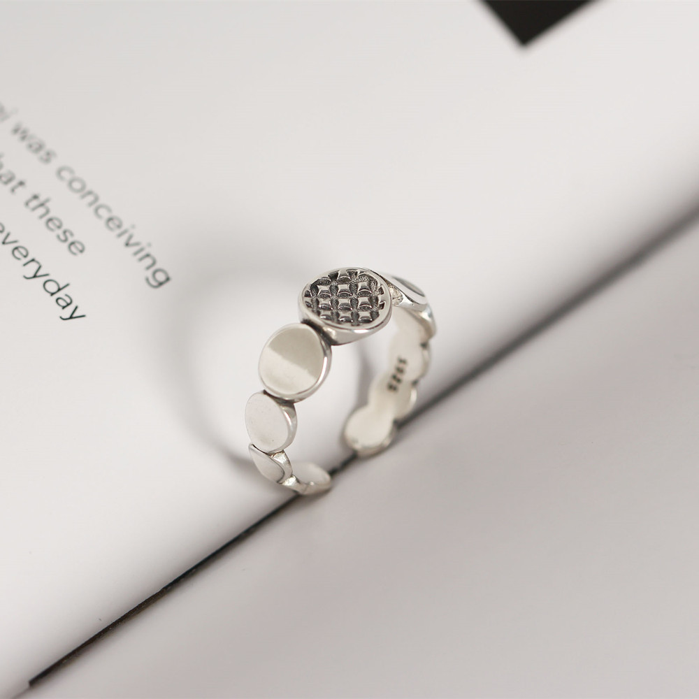 Korean and Japanese Style S925 Sterling Silver Round Plate Ring Vintage Block Patchwork Trendy Open Ring - Image 10