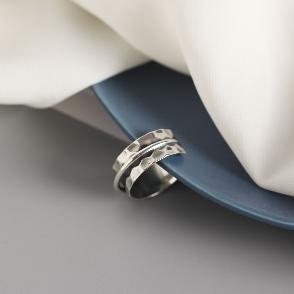 Korean Style Irregular Silver Ring Baroque Hammered Surface Satellite S925 Sterling Silver Ring - Image 11