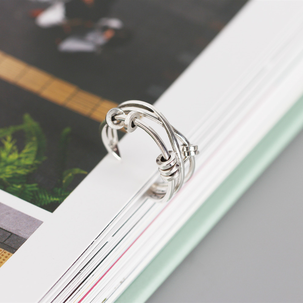 Korean Style S925 Sterling Silver Multi-layer Cross Ring Vintage Adjustable Spinning Circle Index Finger Ring - Image 12