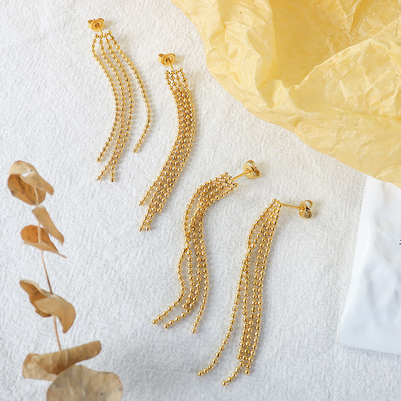 European Retro Exaggerated Steel Bead Tassel Earrings 18k PVD Gold Plated Stainless Steel Fashion Jewelry - Image 2