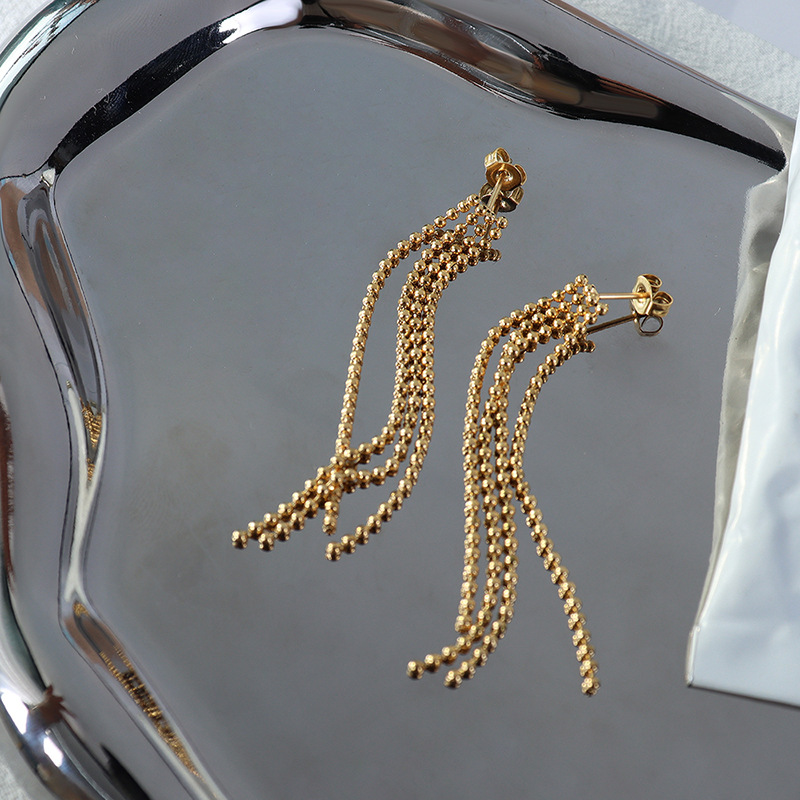 European Retro Exaggerated Steel Bead Tassel Earrings 18k PVD Gold Plated Stainless Steel Fashion Jewelry - Image 3
