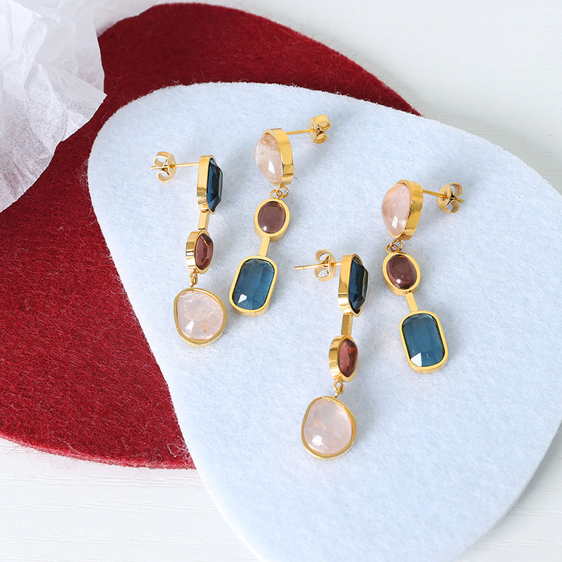 European Asymmetrical Zircon Inlaid Stainless Steel Earrings 18k PVD Gold Plated Minimalist Jewelry for Women - Image 2