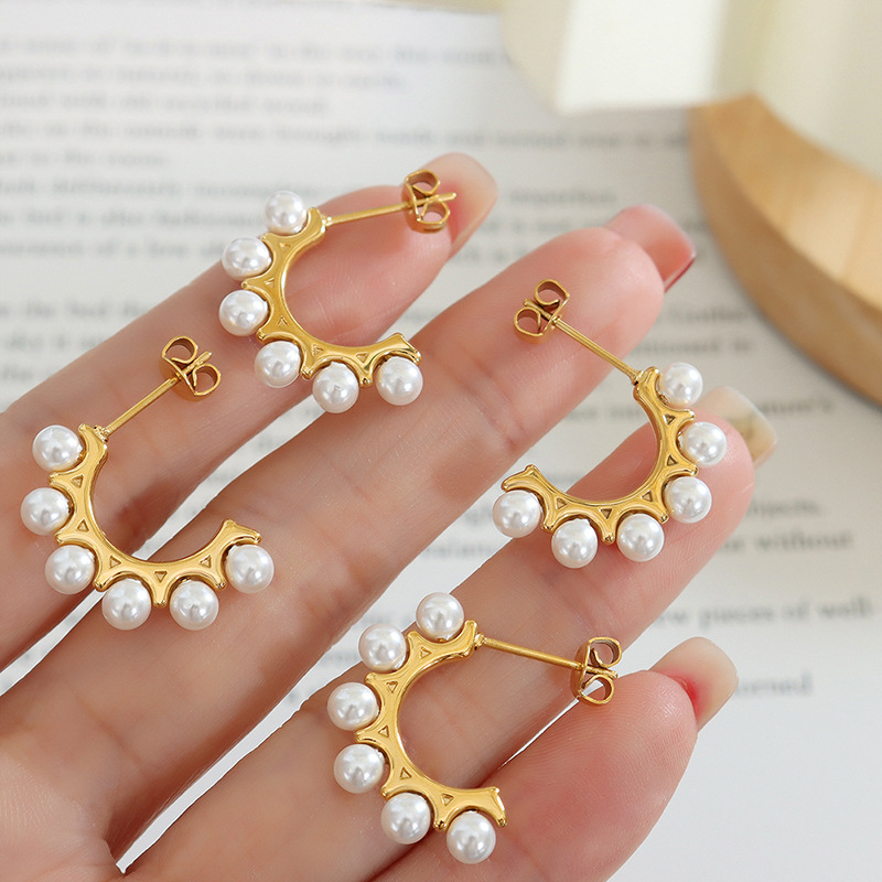 Korean East Gate Pearl C-Shape Earrings 18k PVD Gold Plated Stainless Steel Elegant and Durable Women Jewelry - Image 2