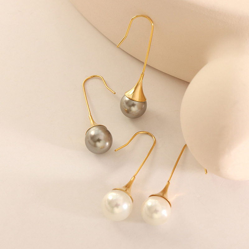 Unisex Faux Pearl Earrings Minimalist Design 18k PVD Gold Plated Stainless Steel French Style weight Jewelry - Image 2