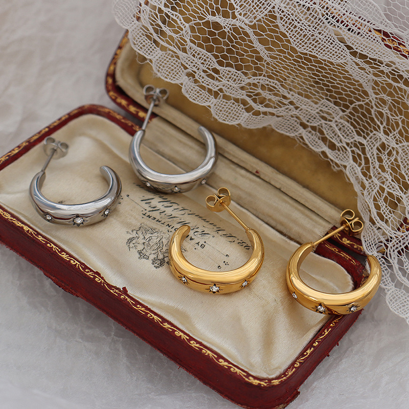 Korean Luxury Zircon C-Shape Earrings Stainless Steel 18k PVD Gold Plated Elegant Jewelry for Women - Image 3