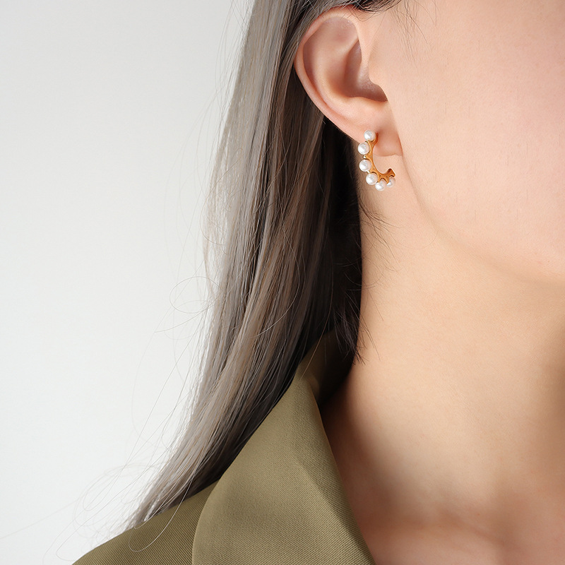 Korean East Gate Pearl C-Shape Earrings 18k PVD Gold Plated Stainless Steel Elegant and Durable Women Jewelry - Image 6