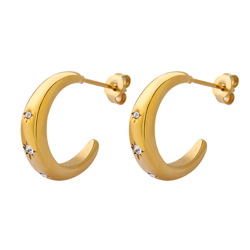 Korean Luxury Zircon C-Shape Earrings Stainless Steel 18k PVD Gold Plated Elegant Jewelry for Women