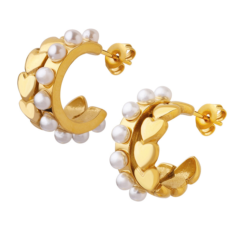 French Palace Style Pearl Earrings Geometric C-Shape Heart Pattern Elegant 18k PVD Gold Plated Stud Jewelry