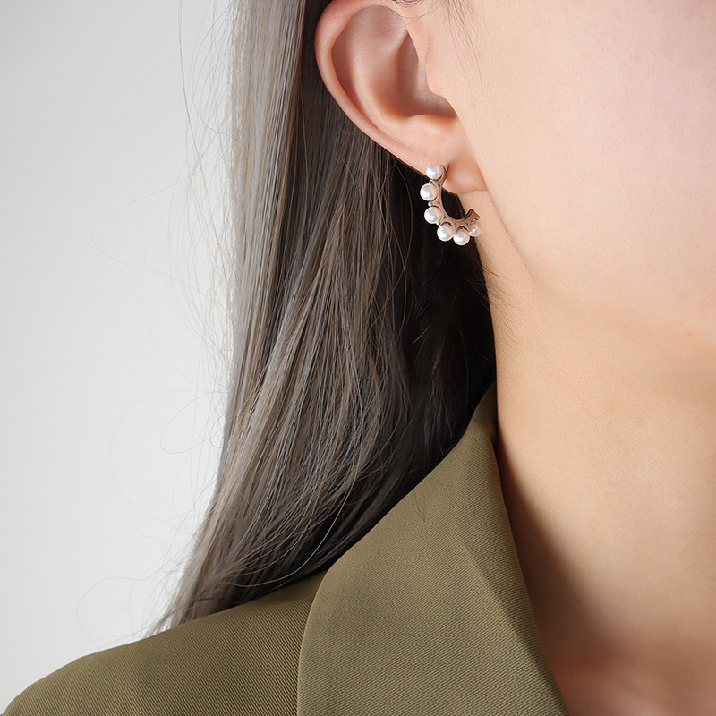 Korean East Gate Pearl C-Shape Earrings 18k PVD Gold Plated Stainless Steel Elegant and Durable Women Jewelry - Image 4
