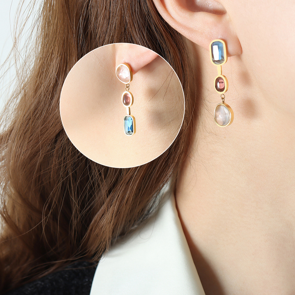 European Asymmetrical Zircon Inlaid Stainless Steel Earrings 18k PVD Gold Plated Minimalist Jewelry for Women - Image 6