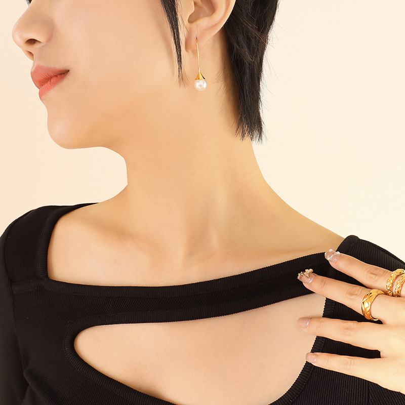 Unisex Faux Pearl Earrings Minimalist Design 18k PVD Gold Plated Stainless Steel French Style weight Jewelry - Image 7
