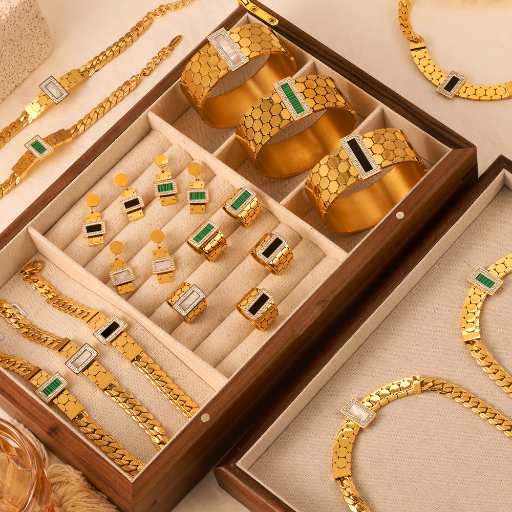 Honeycomb Geometric Earrings Titanium Steel 18k PVD Gold Plated French Luxury Style Women Jewelry Set - Image 2