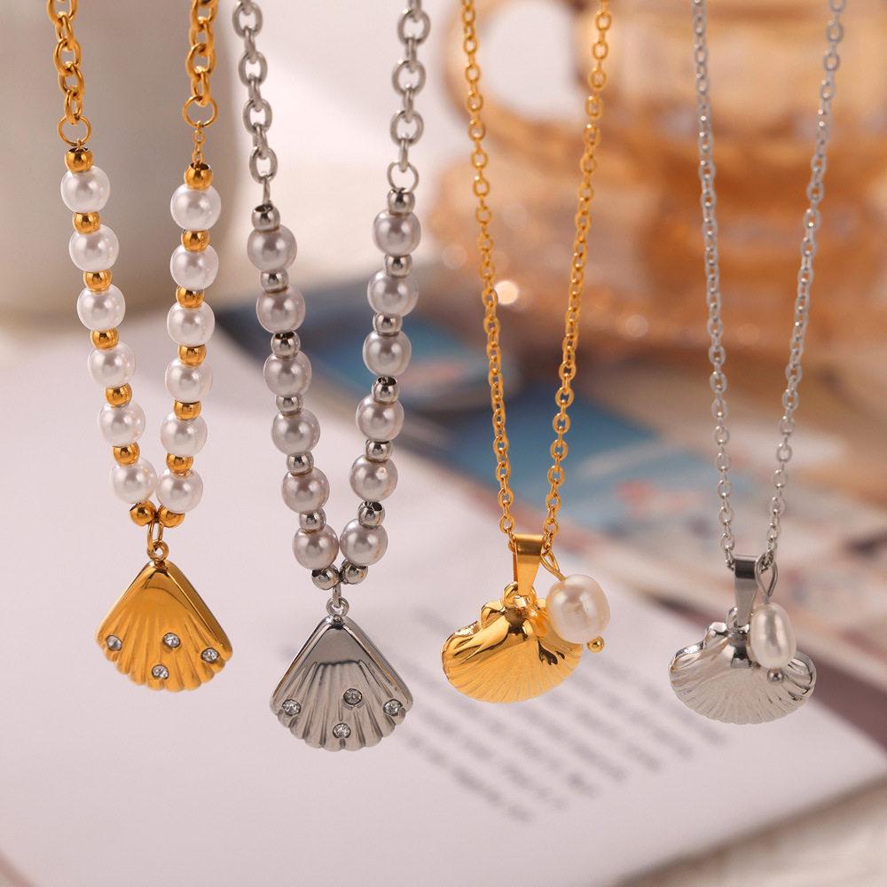 French-Inspired Casual Style Pendant Earrings Zircon Shell and Freshwater Pearl Titanium Steel Jewelry Set for Women - Image 2