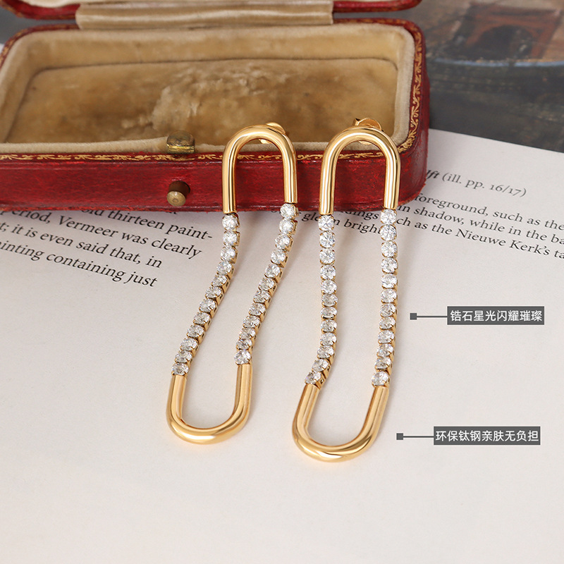 French Choker Exaggerated U-Shaped Earrings with Zircon Inlaid Design Titanium Steel 18K PVD Gold Plated Jewelry for Women - Image 2