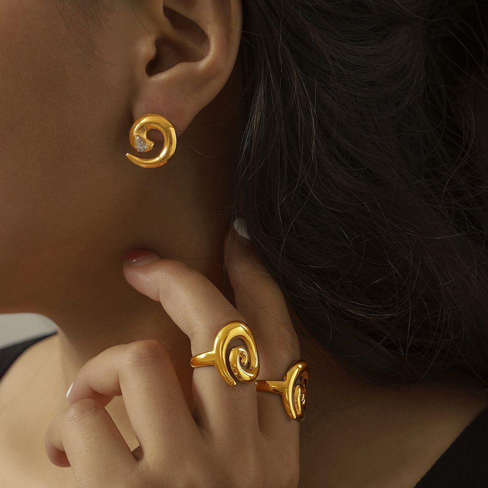 Japanese and Korean Style Unique Spiral Twisted Design Jewelry Minimalist CZ Inlaid Luxurious Titanium Steel Jewelry Set - Image 4