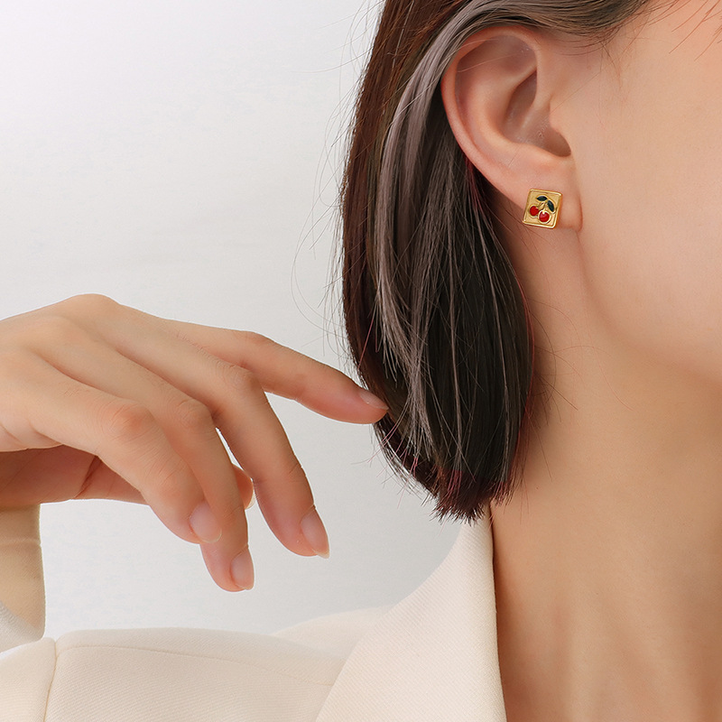 European Geometric Cherry Earrings Stainless Steel 18k PVD Gold Plated Minimalist weight Jewelry for Women - Image 2