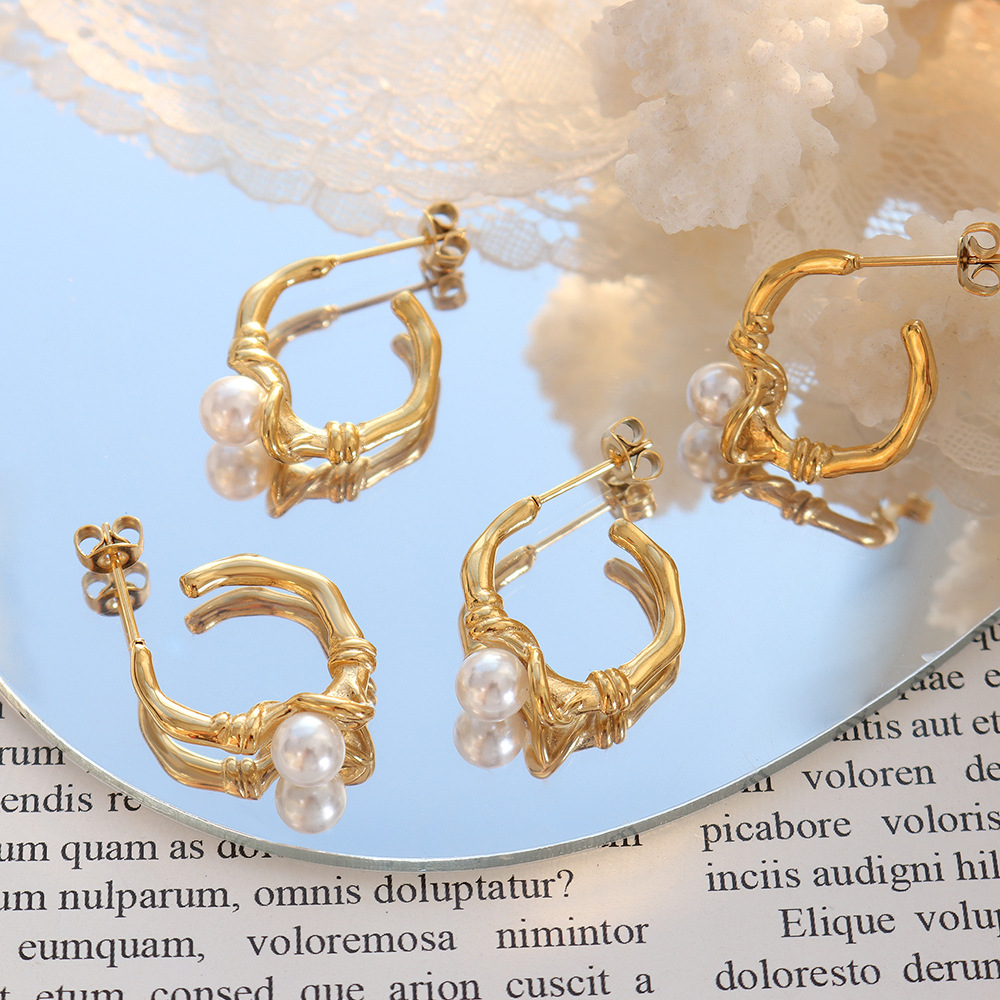 Retro Elegant Small Design Circular Knot Earrings with Faux Pearls Titanium Steel 18K PVD Gold Plated Studs for Women - Image 2