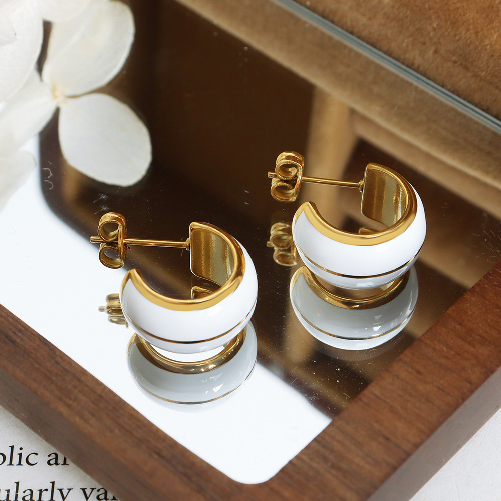 French-Inspired Luxury C-Shaped Enamel Earrings Stainless Steel 18K PVD Gold Plated Titanium Steel Earrings for Women - Image 2