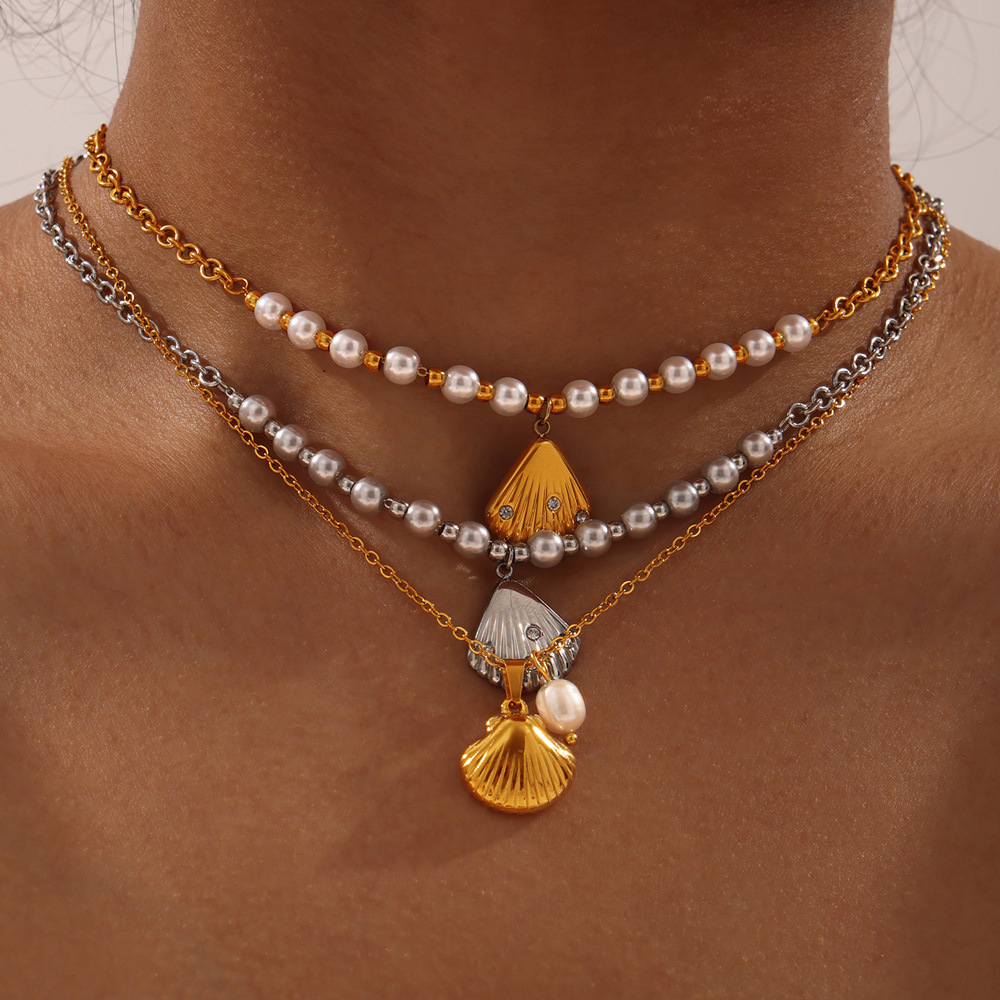 French-Inspired Casual Style Pendant Earrings Zircon Shell and Freshwater Pearl Titanium Steel Jewelry Set for Women - Image 4
